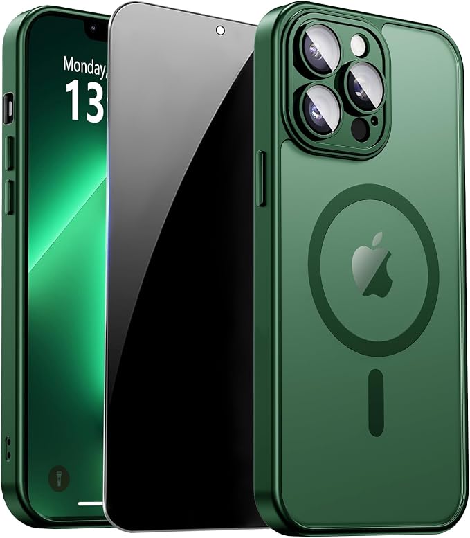 for iPhone 13 Pro Max Case with Privacy Screen Protector, Green | Full Camera Protection, Translucent Matte Magnetic, Compatible with MagSafe, Shockproof Phone Cover, Slim Fit by ZOZDOKG