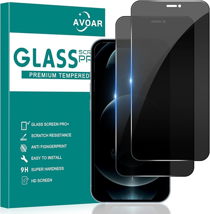 2 Pack Privacy Screen Protector for iPhone 12 Pro Max, 6.7 Inch | Tempered Glass Film, Full Screen, Anti-Spy, Bubble Free, Case Friendly by AVOAR