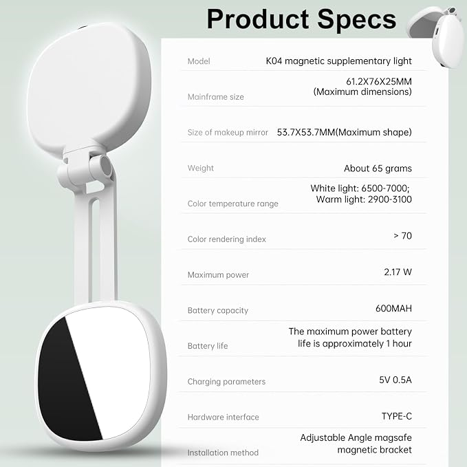 Selfie Light, 3-in-1 Magnetic Selfie for iPhone with Mirror, Foldable Portable Phone, Dual Color Temperature 360° Rotation Video Light for Makeup, Live Streaming, Vlogging - Image 8