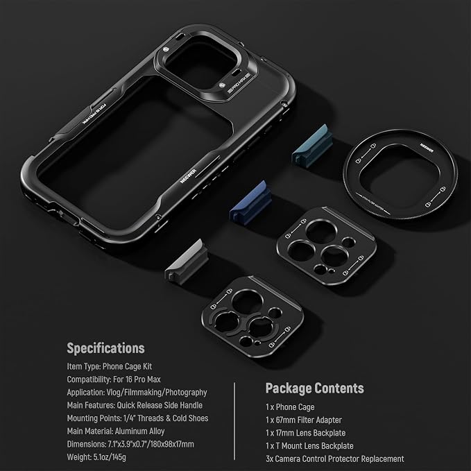 NEEWER 16 Pro Max Cage, Quick Release Video Rig Phone Stabilizer Compatible with iPhone 16 Pro Max with Adapters of 67mm Filter, 17mm Lens & T Mount Lens, Full Camera Control Access, PA074 - Image 9