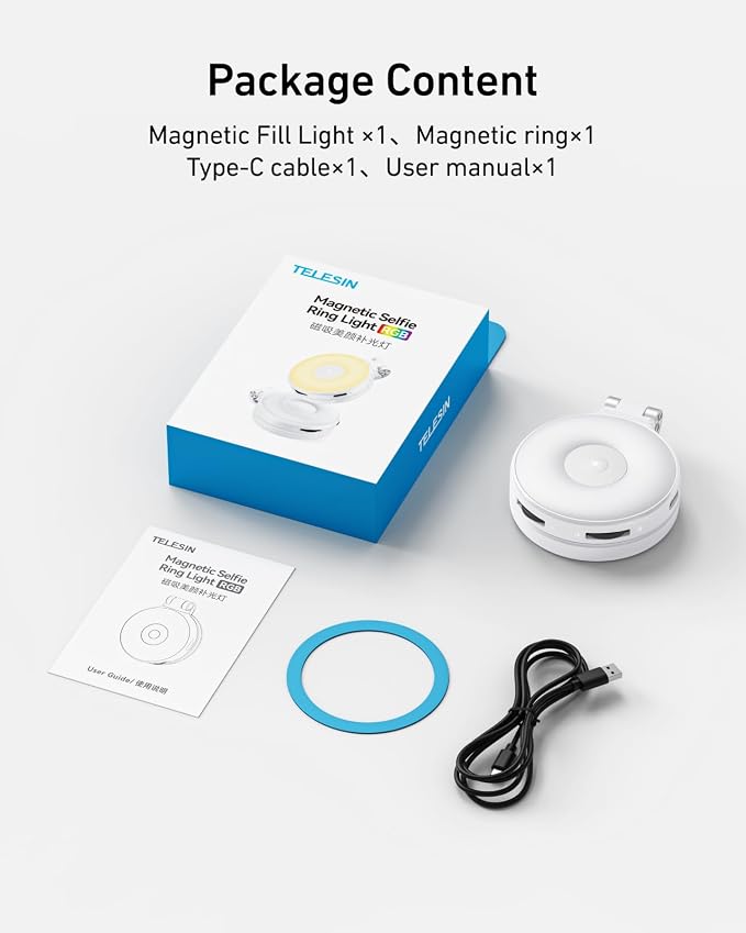 TELESIN Upgraded 4-in-1 Magnetic RGB Selfie Ring Light with Mirror & Phone Stand, Rechargeable Portable Clip On Fill Light for iPhone Samsung TikTok, Vlogging, Makeup, Photography, Streaming (White) - Image 10