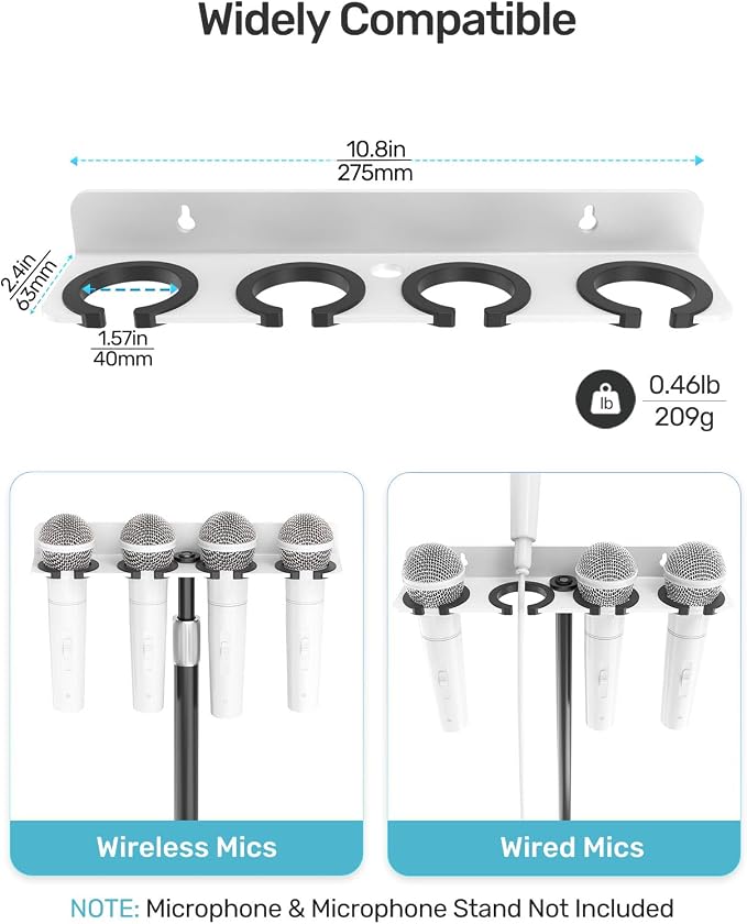 Multi Mic Holder, Wall Mount for 4 Handheld Wired/Wireless Mics, White | Compatible with 5/8-27 & 3/8-16 Thread Stand, Rubber Pad Protection, Easy Access for Church/Stage/Podcast, Sturdy Metal Build - Image 5