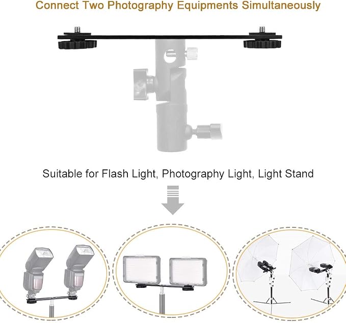 UTEBIT 8 inch Flash Bracket, with 1/4" Screw Hot Shoe Mount, Black | 2 Pack Dual Camera Mount Extension Bar, Straight Flash Bracket Tripod Mount for DSLR Camera LED Light Studio Video Microphone - Image 5