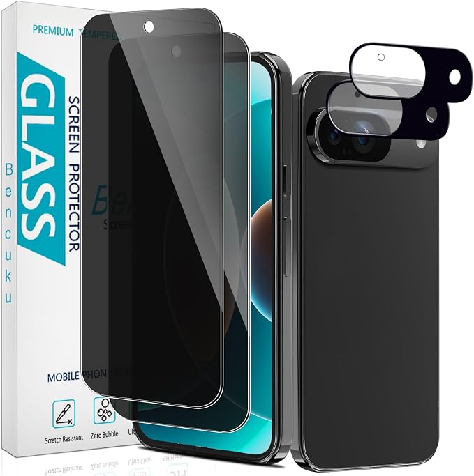 2+2 Pack Privacy Screen Protector for Google Pixel 9 Tempered Glass | with Camera Lens Protector, Anti Spy, Fingerprint ID Compatible, Anti Scratch by Bencuku