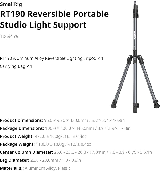 SMALLRIG 74.8"/ 6.23 ft Light Stand Photography, Compact Lighting Tripod | Portable Stand for Softbox, Flash, Ring Light, LED Video Lights, COB Light, Max Load 8.8lbs - 5475 - Image 9