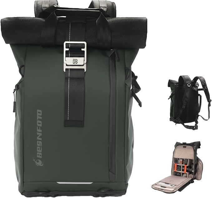 Camera Backpack, Waterproof Travel Camera Bag for Photographer Expandable Roll Top Photography Case for DSLR SLR Mirrorless Camera Fit up to 15.6 inch Laptop with Rain Cover by Besnfoto