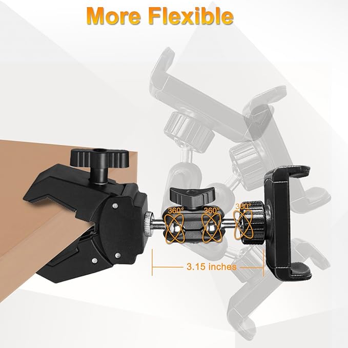 Phone Holder for Mic Stand, Treadmill, Spin Bike, Stroller, Adjustable Clamp on Phone Holder for Microphone Stand, Desk Pipe Pole Clamp Phone Mount Stands for iPhone Samsung All Smartphones (Standard) - Image 4