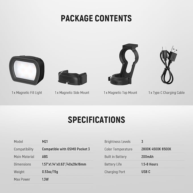 NEEWER Basics Magnetic Light Compatible with DJI OSMO Pocket 3 Xtra Muse | Gimbal Camera Auxiliary Light, USB C Rechargeable Mini LED Fill Lighting Attachment, Selfie Vlog Video Recording, M21 Black - Image 9
