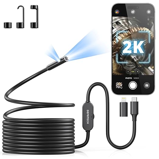 DEPSTECH 2K Endoscope Camera with Light, Dual Lens 2560P Phone Borescope | Inspection Scope for iPhone Android, Semi-Rigid Snake Cable, 9LEDs, IP67 Waterproof, for Automotive, HVAC, Plumbing, Mechanic by DEPSTECH