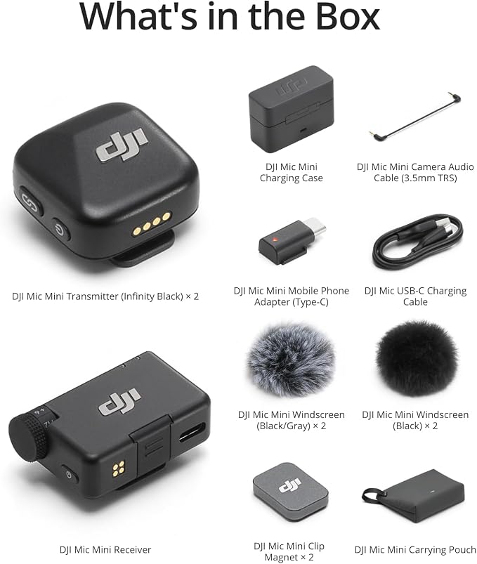 DJI Mic Mini (2 TX + 1 RX + Charging Case) Wireless Lavalier Microphone, Ultralight, Noise Cancelling, Up to 48-Hour Battery Life Bundle with 2 x Deco Gear Lapel Microphone and 5" EVA Case - Image 6