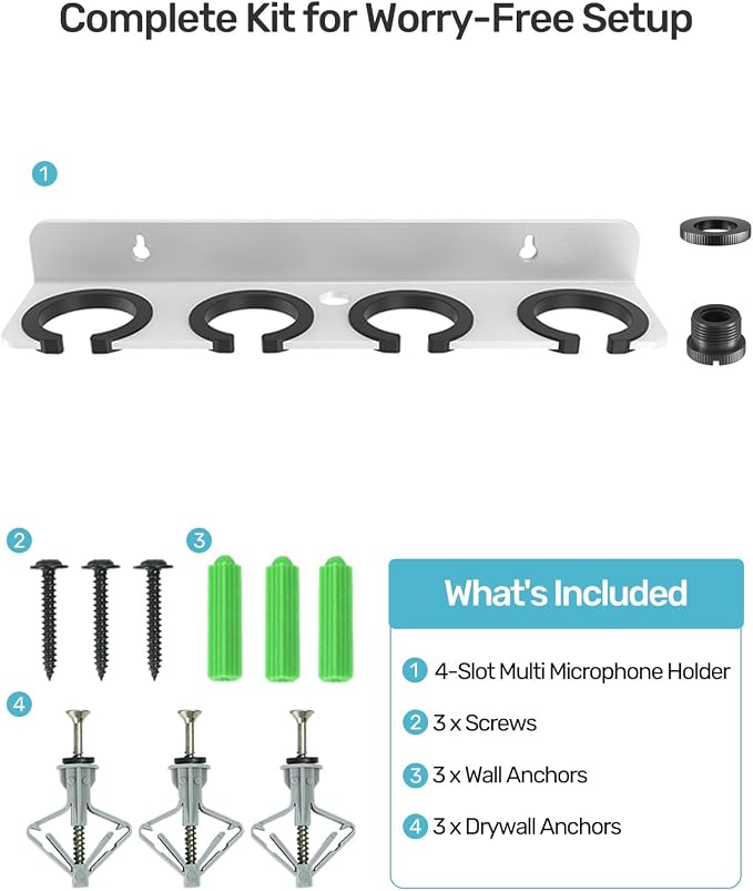 Multi Mic Holder, Wall Mount for 4 Handheld Wired/Wireless Mics, White | Compatible with 5/8-27 & 3/8-16 Thread Stand, Rubber Pad Protection, Easy Access for Church/Stage/Podcast, Sturdy Metal Build - Image 8