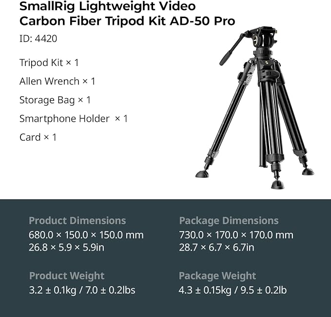 SmallRig AD-50Pro Heavy Duty Video Tripod, Carbon Fiber Lightweight Tripod with FreeSpeed One-Step Height Adjustment, Fluid Head, Dual-Mode QR Plate, Center Column, Weight 7lb, Load up 13.2lb - Image 9