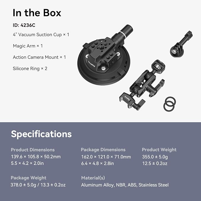 SMALLRIG 4" Camera Suction Mount with Ball Head Magic Arm, Car Mount for Lightweight Camera/Action Camera/Phone, Air Pump Vacuum Suction Cup, Max Load 3kg/6.6 Pound - 4236 - Image 9