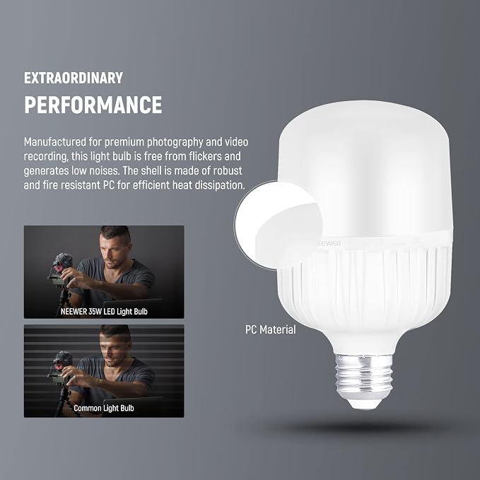 NEEWER E26 35W LED Light Bulbs, 2 Packs, 3150 Lumens/5700K/CRI 93+/15000h Lifespan, Bright Video Photography Lighting, Silent/No Flicker/Non Dimmable 350W Incandescent Equivalent | 15000h Lifespan, Bright Video Photography Lighting, Silent, No Flicker,... - Image 8