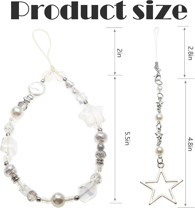 Beaded Camera Wrist Strap,Cute Phone Charm Decor,Pearl Bracelet Wrist Strap | Phone Keychain Decoration for Wallet,Durable Nylon Rope Lanyard,Compatible with all Phone Case,Silver Star - Image 6