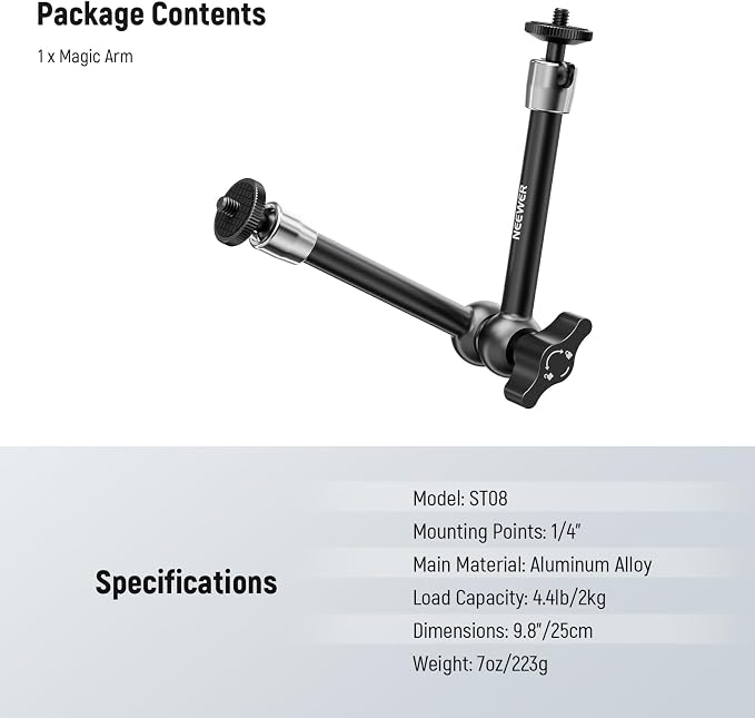 NEEWER 9.8"/25cm Adjustable Friction Magic Arm with 1/4" Screw on Both Ends, Compatible with SmallRig Cage, Flash/LED Light/Microphone/Monitor/SuperClip, Max Load 4.4lb/2kg, ST08 - Image 7