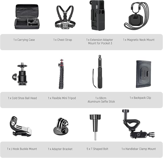 NEEWER Basics 16 in 1 Accessories Kit Compatible with DJI OSMO Pocket 3, Mini Tripod Selfie Stick Chest Strap Magnetic Neck Mount Extension Adapter Mountaineering Cycling Dual Cam Vlog, GP-52 - Image 7