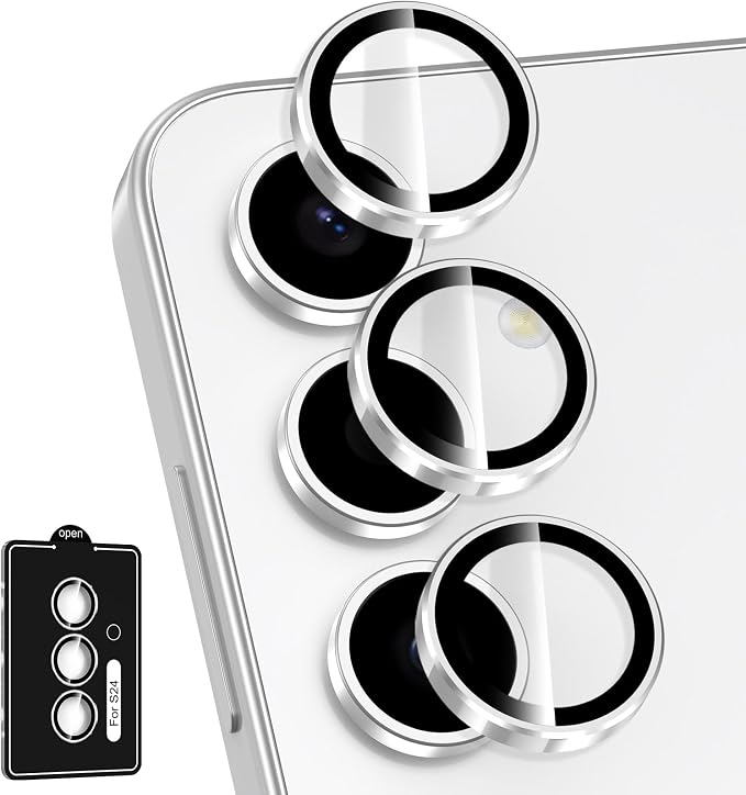 for Samsung Galaxy S24 Camera Lens Protector, Individual Metal Ring Tempered Glass Lens Cover, [Strong Adsorption] Scratch Resistant Ultra-Thin HD Clear Lens Cover, 1 Set-Silvery Ring by Btscase