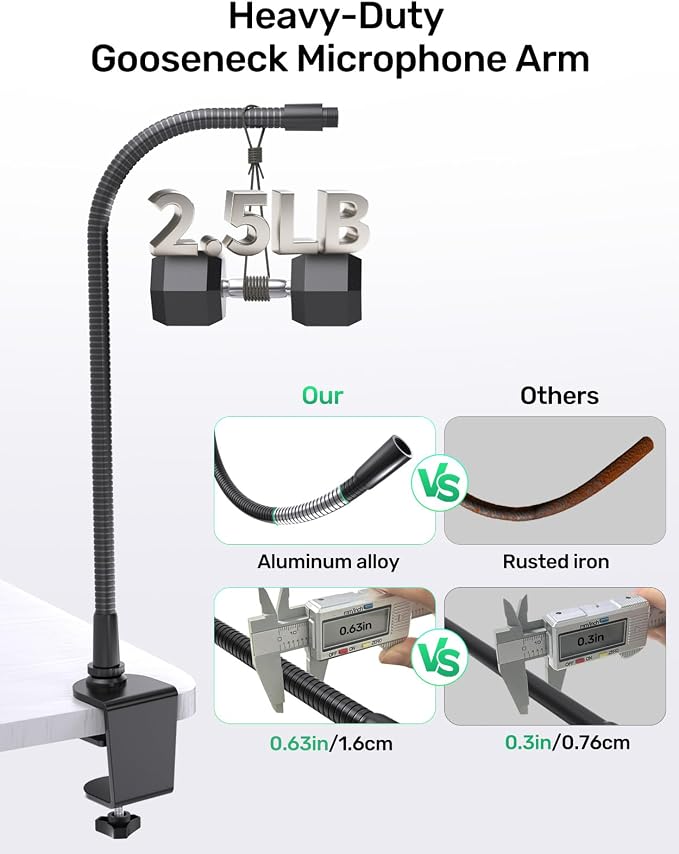 19 Inch Gooseneck Microphone Holder for Podium, 【Heavy-Duty】 2.5 lb Max | Thickened Aluminum Flexible Gooseneck, 2 Mic Holders, 1/4" and 3/8" Adapters, Desk Clamp, Ideal for Gaming, Podcast - Image 2