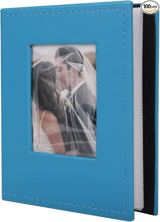 RECUTMS Small Photo Album 4x6 Pictures 100 Photos Leather Wedding Book Blue | White Inner Page, 100 Vertical Pockets, Travel Family Anniversary Baby Photobook, DIY Cover Window, Birthday Graduation Gifts by RECUTMS
