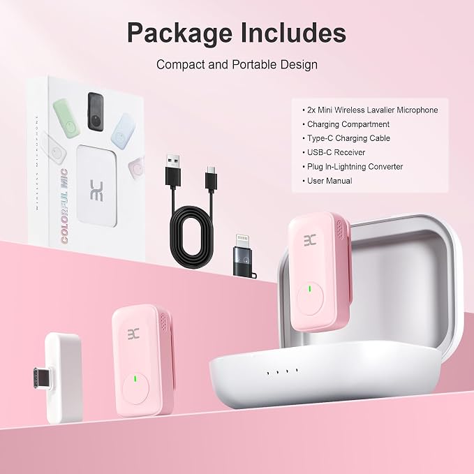 EX Wireless Lavalier Microphone System, Dual Clip-On Mics + Charging Case, 164ft Range Plug-and-Play for iPhone/Android, Advanced Noise Reduction, 48H Runtime-Video Recording, TikTok, YouTube, Pink - Image 8