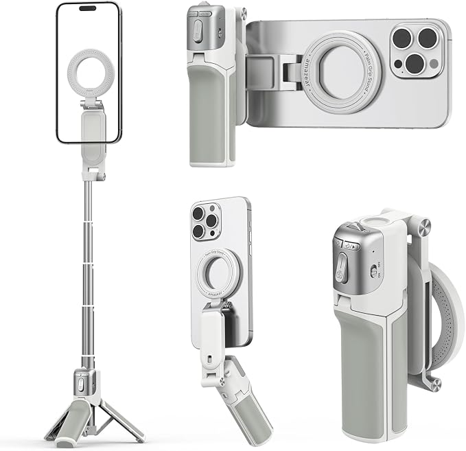 AMAZEAR Phone Camera Grip with Selfie Stick Tripod, Cellphone Accessories with Detachable Wireless Shutter Button for iPhone 16 17 Pro Max, Comfort Ergonomic Smartphone Handle Holder, White by YourProPhotoGear