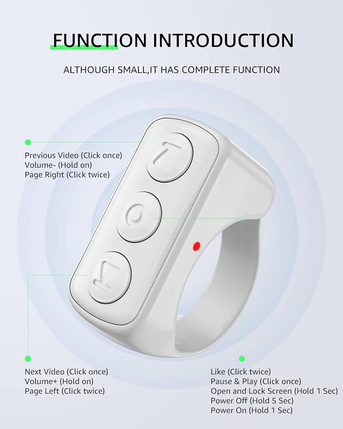 Fingertip Bluetooth Remote Control TIK TOK Wireless Page Turner TYUOBOX Camera Remote Shutter Selfie Button Controller with Charging Case for iPhone Android Ipad Cell Phone (White) - Image 2