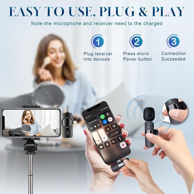 3 in 1 Wireless Lavalier Microphone for iPhone, iPad, Android, Camera,12-Hour Battery, mini Noise Reduction Recording Mic 2.4G Ultra-Low Delay, Microphone for Vlog/ TikTok/YouTube Live Stream( 1 Mic) - Image 4