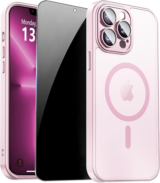 for iPhone 13 Pro Max Case with Privacy Screen Protector, Pink | Full Camera Protection, Translucent Matte Magnetic, Compatible with MagSafe, Shockproof Phone Cover, Slim Fit Women/Girls by ZOZDOKG