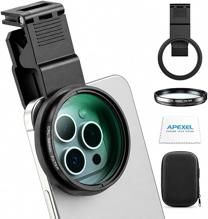 APEXEL 58mm CPL Phone Lens Filter for iPhone & Android, Reduce Glare & Enhance Colors for Photos and Videos, with Universal Clip, Adapter Ring & Cold Shoe Mount by Apexel