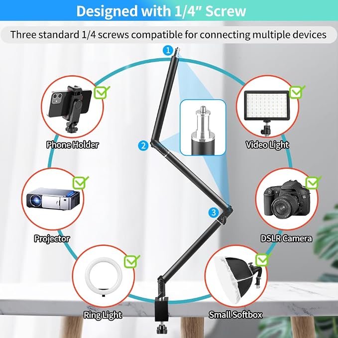 Heavy Duty Overhead Camera Desk Mount Stand 14.5"-41" with 1/4" Screw, 3-Section 360°Rotatable Detachable Articulating Boom Arm with Enlarged Handle C Clamp, Tabletop Light Stand for Streaming Vlog - Image 5
