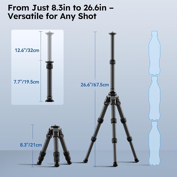 SIRUI AM-223S+SL-100S Carbon Fiber Mini Tripod, Extendable Center Column | 26" Height, 33LB Load, 1.7LB Weight, Anti-Corrosion, Desktop, Travel, DSLR, Mirrorless Camera - Image 4