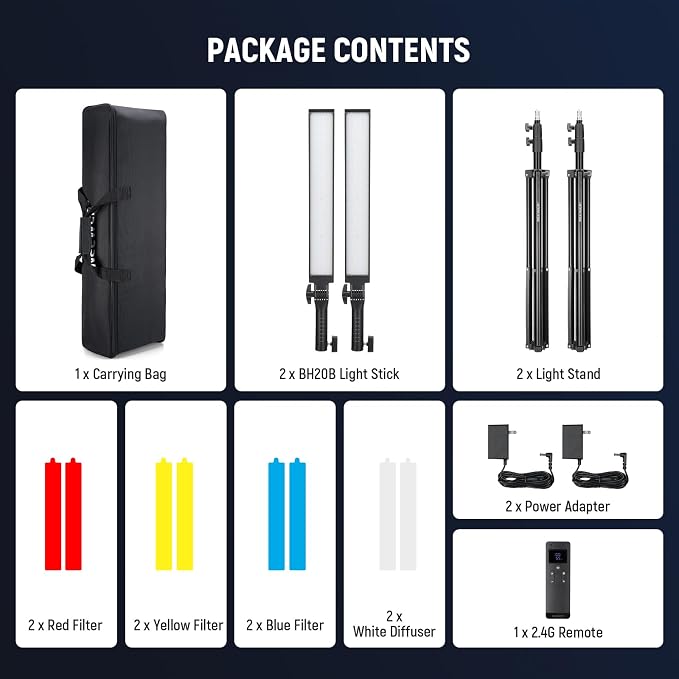 NEEWER Upgraded LED Video Light Stick & 2.4G Remote Kit, 2 Pack Handheld Dimmable 3200K~5600K CRI97+ Video Lighting with Stands/Filters/Bag for YouTube Video Recording Photography Gaming, BH20B Black - Image 9