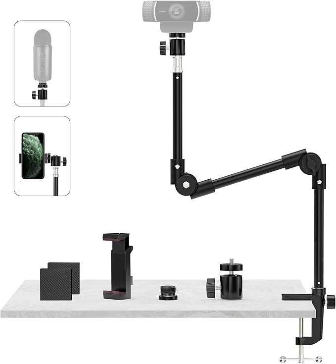 Webcam Stand Camera Desk Mount with Phone Holder & 5/8" Screw - 22" Flexible Projector Stand Gooseneck Desk Mic Stand for Logitech C922 C930e C920 C615 C960 Brio 4K, GoPro, Blue Yeti Snowball Ice by KDD