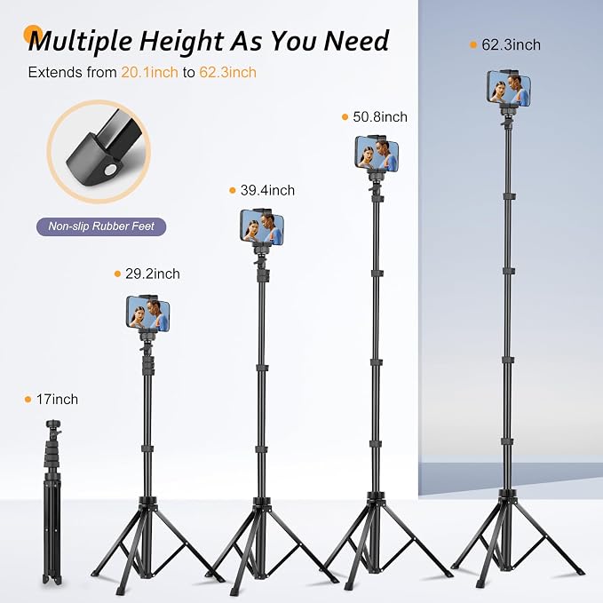 Aureday 62" Phone Tripod Accessory Kits, Camera & Cell Phone Tripod Stand with Wireless Remote and Universal Tripod Head Mount, Perfect for Selfies/Video Recording/Vlogging/Live Streaming (Pack of 2) - Image 4
