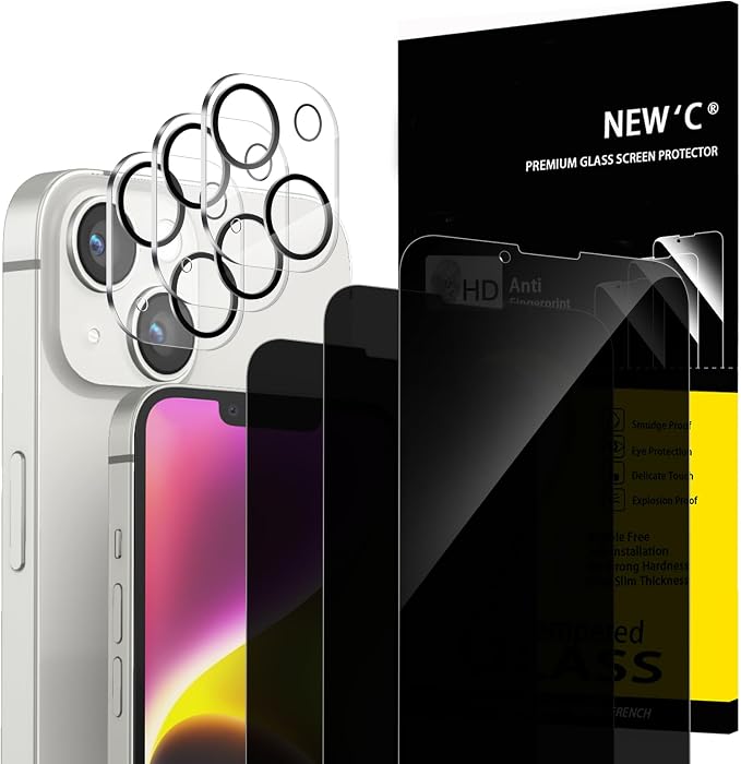 NEW'C 3x Privacy for iPhone 14 Plus Screen Protector (6.7 inches)+ 3x Camera Lens Protector, Sensor Protection,Case Friendly Tempered Glass Film +Dust Plug - Enhanced Privacy Angle of 28 Degrees by NEWC