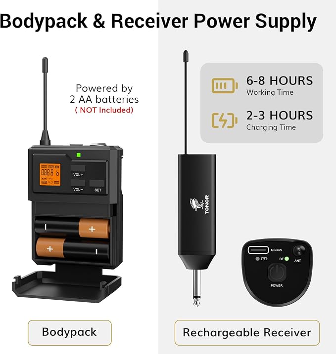 TONOR UHF Wireless Microphone System, 1 Set of Bodypack & Lavalier Mic | UHF Headset Lapel Mic, Rechargeable Receiver, 15 Channels 60 m/200ft Range 1/4" Output for Teaching, Recording ,Tour Guide - Image 7