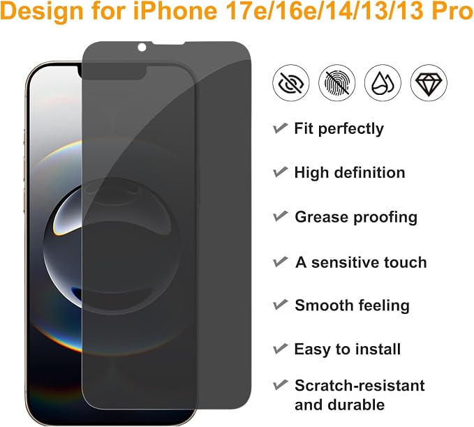 PEHAEL for iPhone 17e/16e/14/13/13 Pro Privacy Screen Protector | 3 Pack, Installation kits, Anti-Spy Private, Anti-Scratch, 9H Tempered Glass, Case Friendly, [6.1 inch] - Image 2