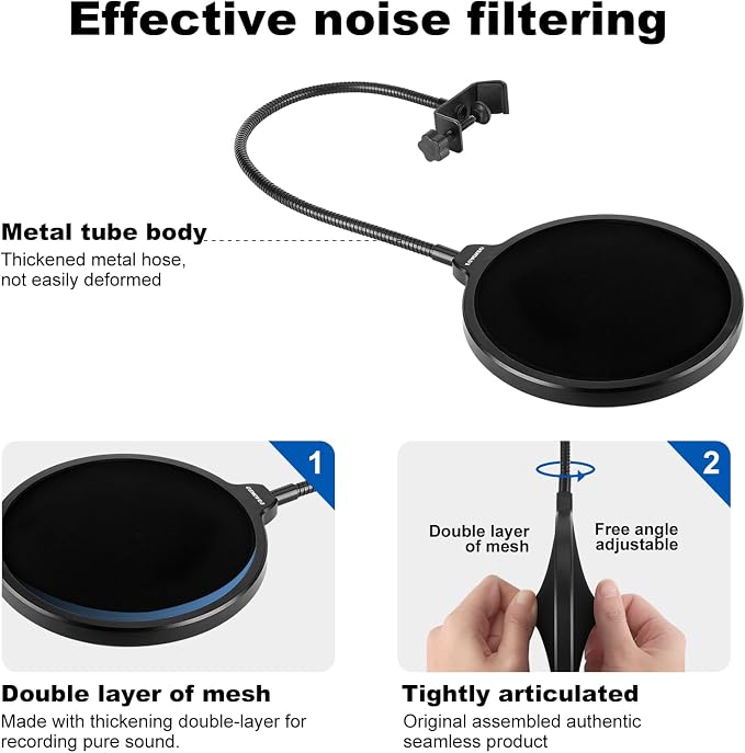 Professional Microphone Pop Filter Mask Shield For Blue Yeti and Any Other Microphone,Mic Dual Layered Wind Pop Screen With Flexible 360° Gooseneck Clip Stabilizing Arm - Image 4