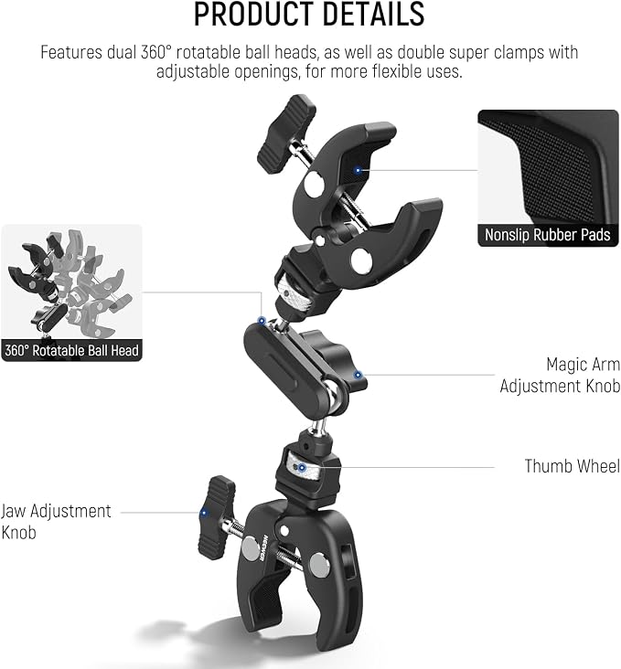 NEEWER Double Super Clamp Camera Mount with Magic Arm, NATO Interface, Cold Shoes, 1/4" Locating Holes for ARRI, Desk Studio Photography Light Stand Pole Cross Bar Umbrella Holder Clamp Mount, UA060 - Image 2