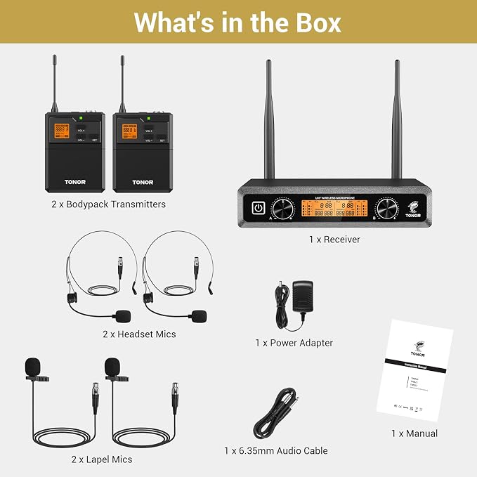 TONOR UHF Wireless Microphones System with Headset/Lavalier Lapel Mics, Bodypack Transmitter, Receiver, 2 * 15 Channels, 60 m/200ft Range for Live Singing Karaoke Church Party DJ, 2 Bodypack Mics - Image 9