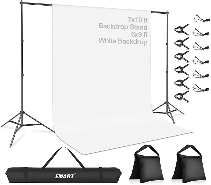 EMART 7x10 FT Photo Backdrop Stand Kit with 6x9FT White Backdrop, Studio | Background Stand Backdrop-White, 6Clamps&Clip, 2Sandbags for Photography Studio, Video Recording, Live Stream, Zoom, Portrait by EMART