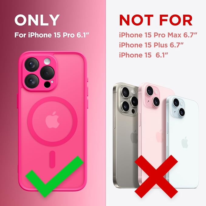CAPRARO for iPhone 15 Pro Case, Compatible with MagSafe Hot Pink | Upgraded [Full Camera Protection] Shockproof Protective Slim Translucent Matte Magnetic Phone Case 6.1'', Hot Pink - Image 2