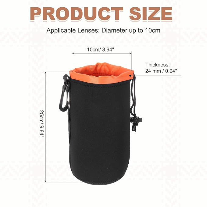 PATIKIL Camera Lens Pouch, 4" ID x 10" H Drawstring Plush Lens Pouch Protective Camera Lens Case Bag Soft Plush Neoprene Bag for DSLR Photography Gear, Black/Orange - Image 2