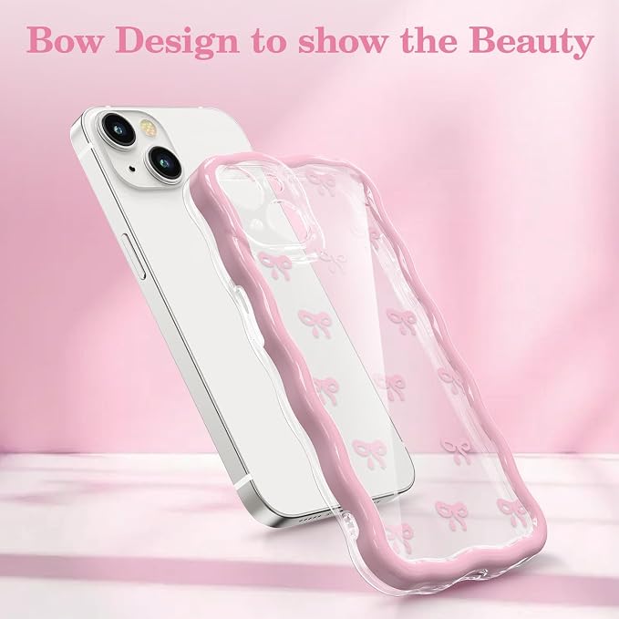 QLTYPRI for iPhone 15 Pink Bow Case, Clear Cute Pink Ribbon Bow Phone Case Curly Wavy Aesthetic Phone Cover, Soft Slim Transparent TPU Shockproof Protective Cover for Women Girls - Tiny Bow - Image 2