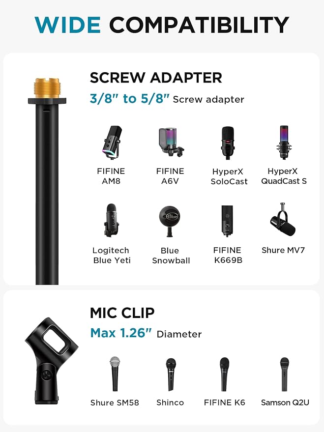 InnoGear 2 Set Mic Stand Desk Boom Arm Microphone Stand for Blue Yeti | for Shure Fifine Guitar Amps, 4.4lb Weight Capacity, Arm Swivel Sideways, Stable, Extendable, Adjustable, Cable Clip Included - Image 6