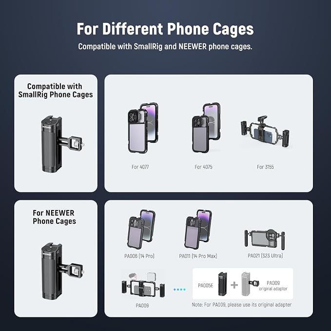 NEEWER Side Handle Grip with Wireless Remote Control Button Shutter Trigger for Smartphone Cage Video Rig, 2 Mount Adapters with 1/4" Screws & Locating Pins, Compatible with SmallRig Cages, PA005E - Image 3