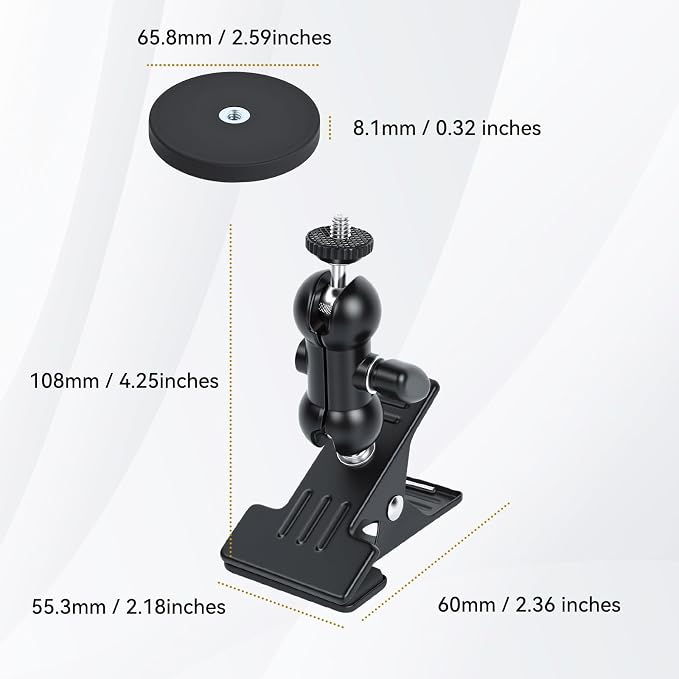 UTEBIT Dual Ball Head Cameras Clip for GoPro, with 1/4'' Swivel Mount | 66mm Strong Magnetic Base with 360° Dual Ball Heads for Studio Backdrops, Video Lights, Photography Accessories Clamp, Black - Image 7