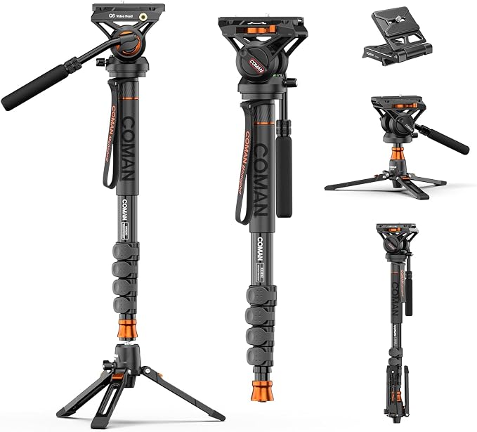 Professional Camera Monopod with Feet, 73.2 inch Aluminum Portable Travel Video Monopod with Removable Tripod Stand Base, Max Load 22 Lbs, New Q6 Fluid Head for DJI RS4 Manfrotto, KX3232Q6 by COMAN
