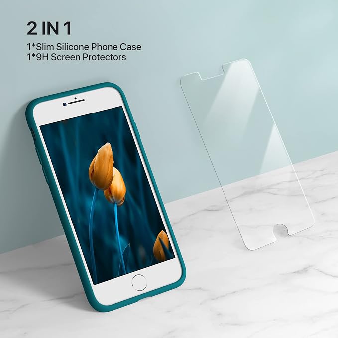 Miracase Silicone for iPhone SE 2022/SE 2020/7/8 Case,Teal | Ultra Slim Cover with Screen Protector, Soft Microfiber Lining, Multi-Color Premium Silicone Shockproof Phone Case - Image 2